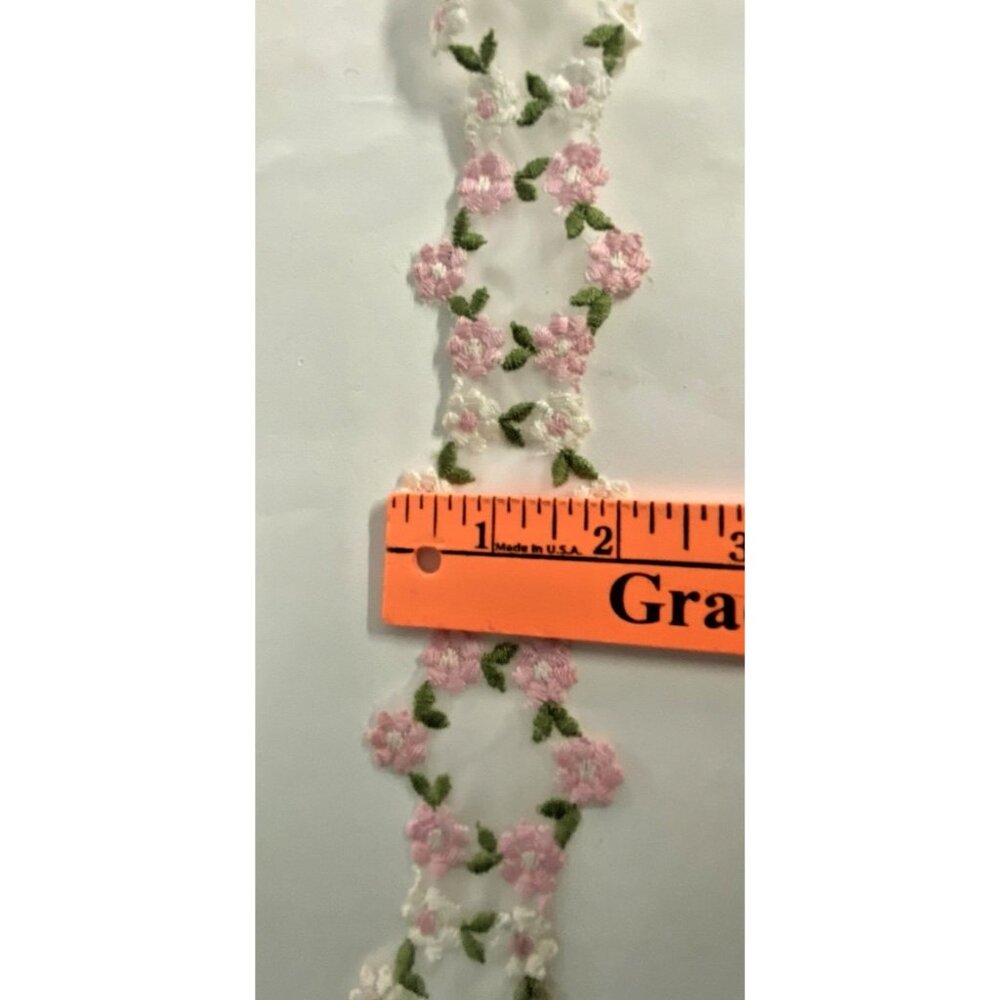 Vintage Embroidered Floral Ribbon Mesh White Pink Flowers 2in x 57in Trim Sewing - Picture 8 of 9